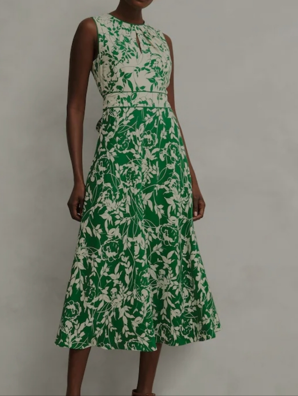 Sleeveless Green and Cream Floral Midi Dress by